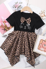 BLACK - Girls Leopard Graphic Handkerchief Hem Spliced Dress - girls dress at TFC&H Co.