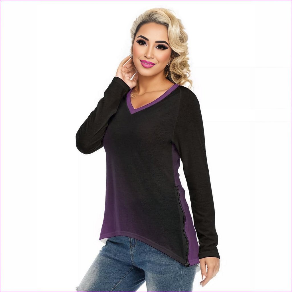 Fade Womens V-Neck Long Sleeves with Side Zip T-shirt - women's top at TFC&H Co.