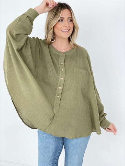 OLIVE GREEN - Easel Textured Cotton Linen Oversized Top - Ships from The US - womens blouse at TFC&H Co.