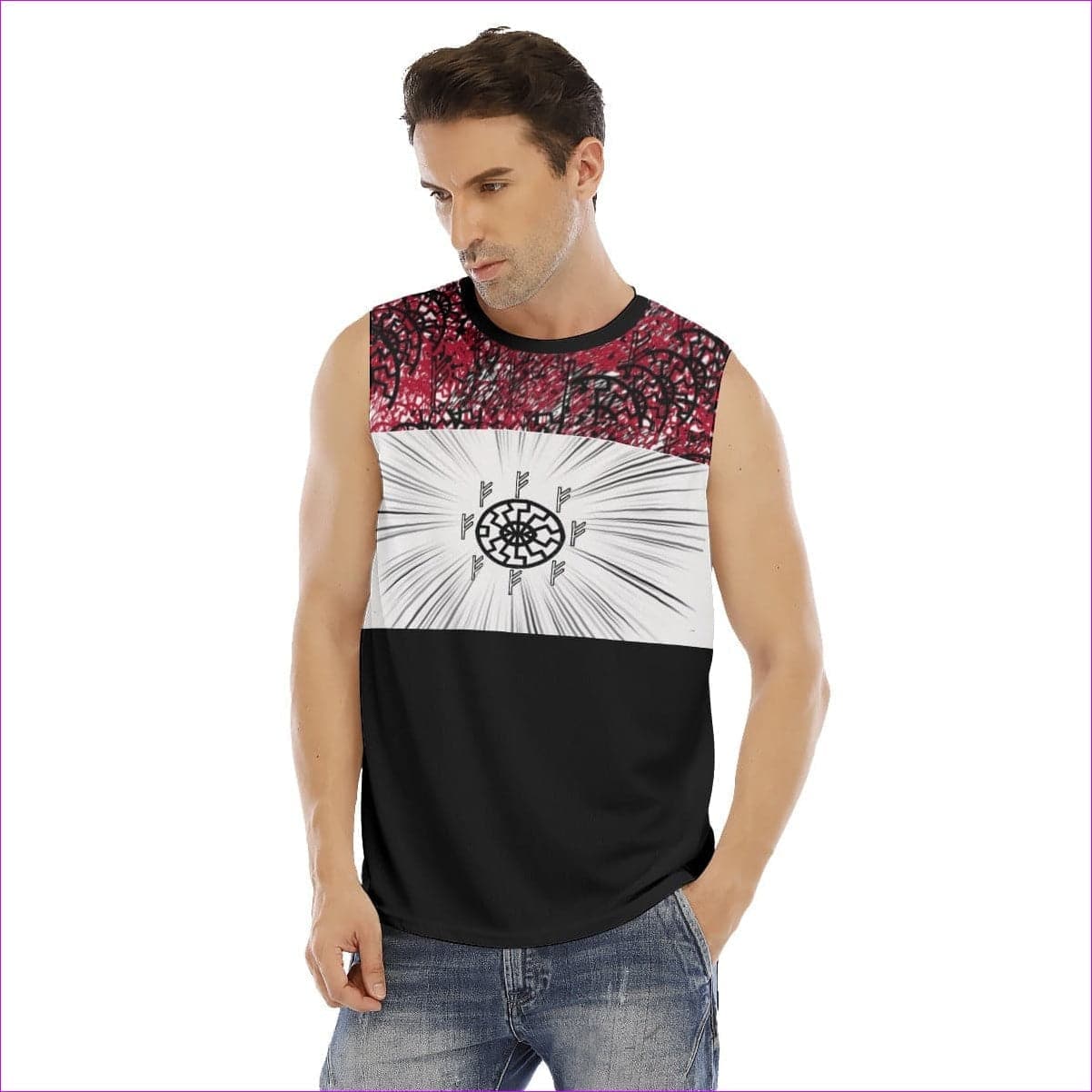 Fehu Sun Men's Red O-neck Sleeveless Tank Top - men's tank top at TFC&H Co.