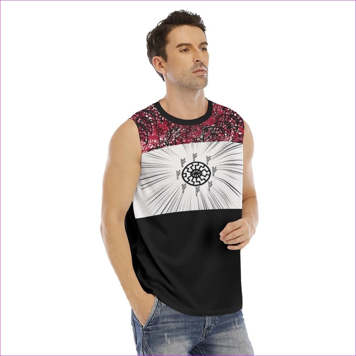 Red/Black Fehu Sun Men's Red O-neck Sleeveless Tank Top - men's tank top at TFC&H Co.