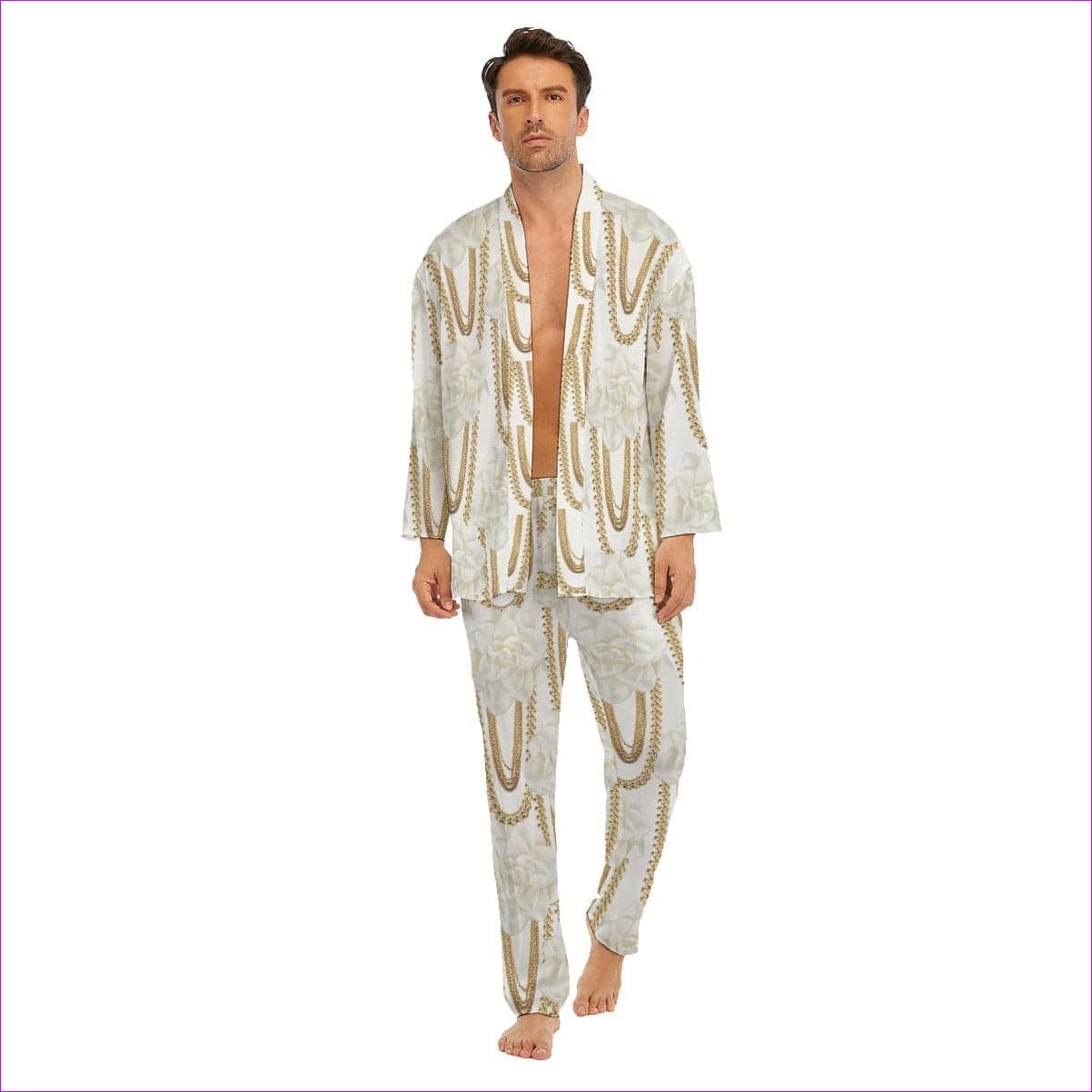 White - Floral Chain Men's Imitation Silk Pajama Sets - mens pajama-set at TFC&H Co.