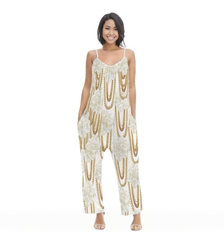 White - Floral Chain Womens Loose Cami Jumpsuit - womens jumpsuit at TFC&H Co.