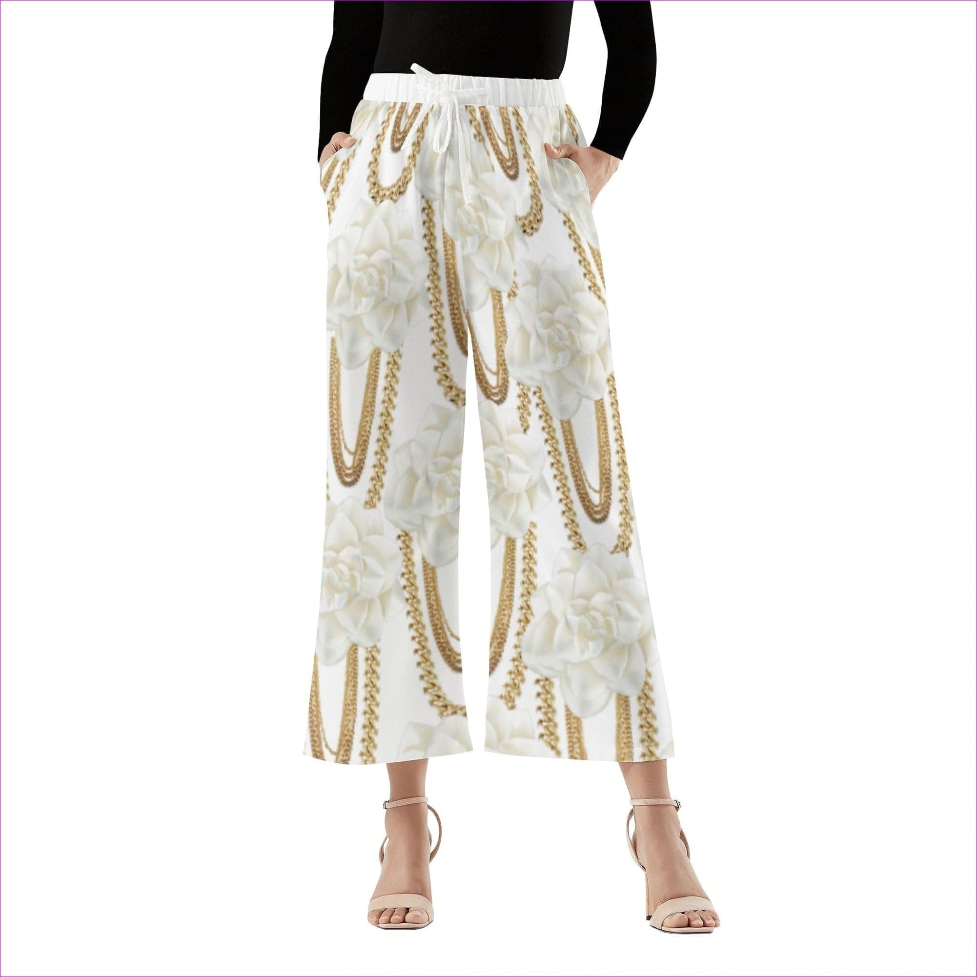 White 3XL - Floral Chain Womens Wide Leg Cropped Pants - womens pants at TFC&H Co.