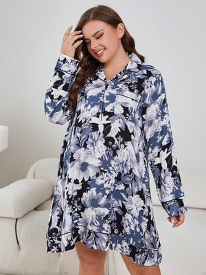 - Floral Lapel Collar Long Sleeve Night Dress Voluptuous (+) Plus Size - womens dress at TFC&H Co.