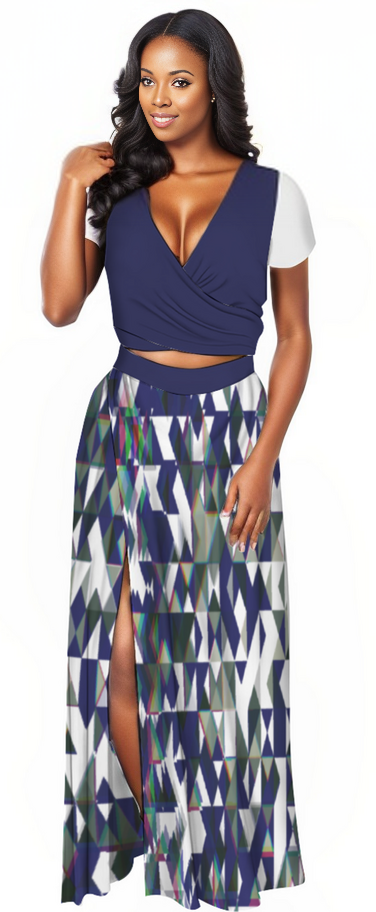 Fractured Women's Two Piece Outfit V-Neck Top and Maxi Skirt Set - women's top & skirt set at TFC&H Co.