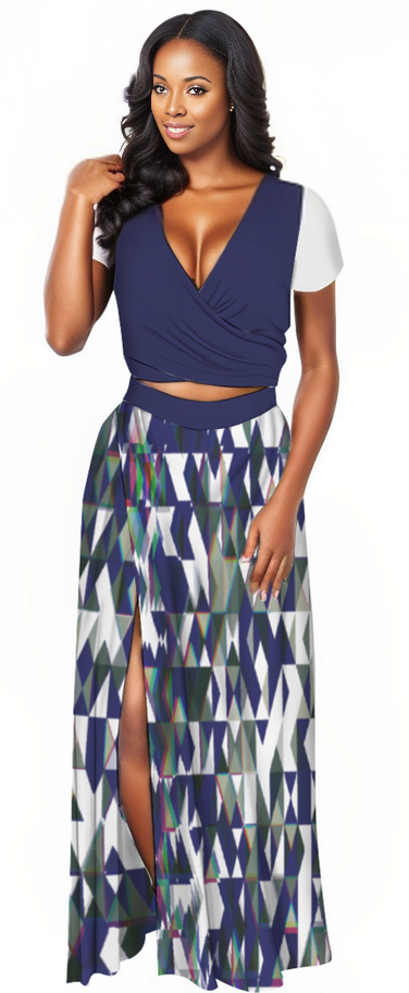 4XL - Fractured Women's Two Piece Outfit V-Neck Top and Maxi Skirt Set - womens top & skirt set at TFC&H Co.