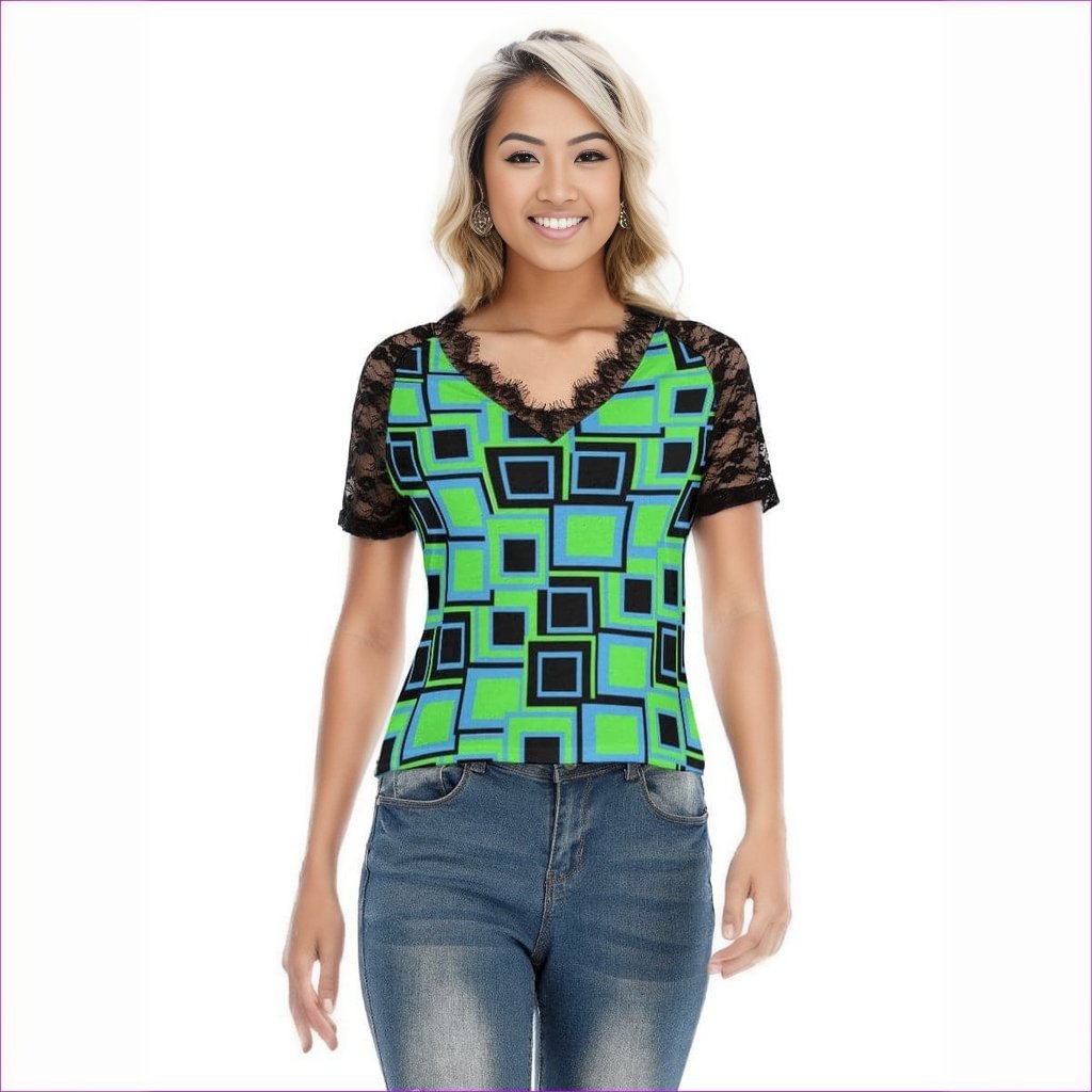 Green Funky² Womens V-neck T-shirt With Lace - women's t-shirt at TFC&H Co.