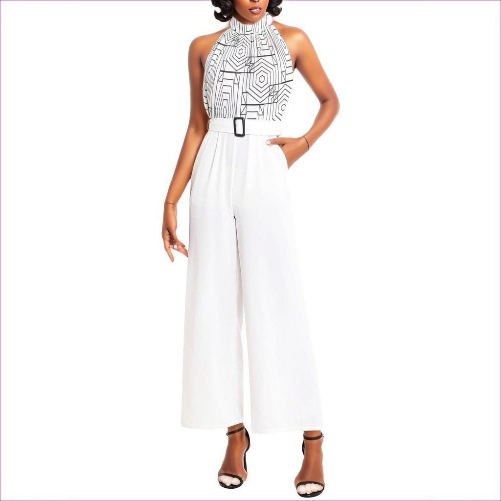 - Geode White Halter Neck Buckle Belted Jumpsuit - womens jumpsuit at TFC&H Co.