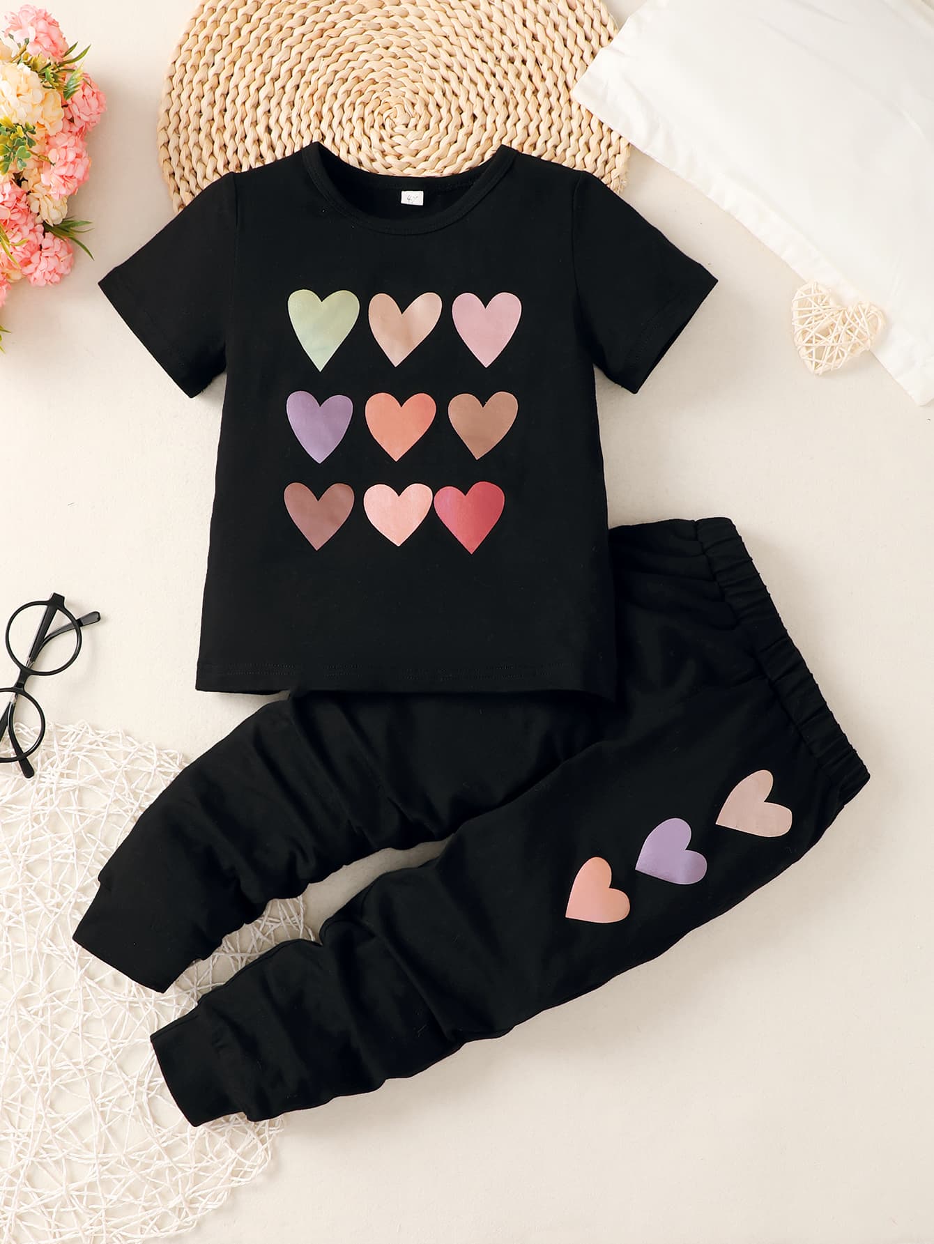 - Girls Heart Print T-Shirt and Joggers Set - girls top & pants set at TFC&H Co.