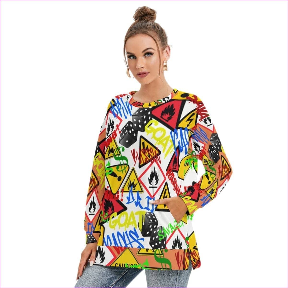 White Hazard Womens Side Split O-neck Sweatshirt - women's sweatshirt at TFC&H Co.