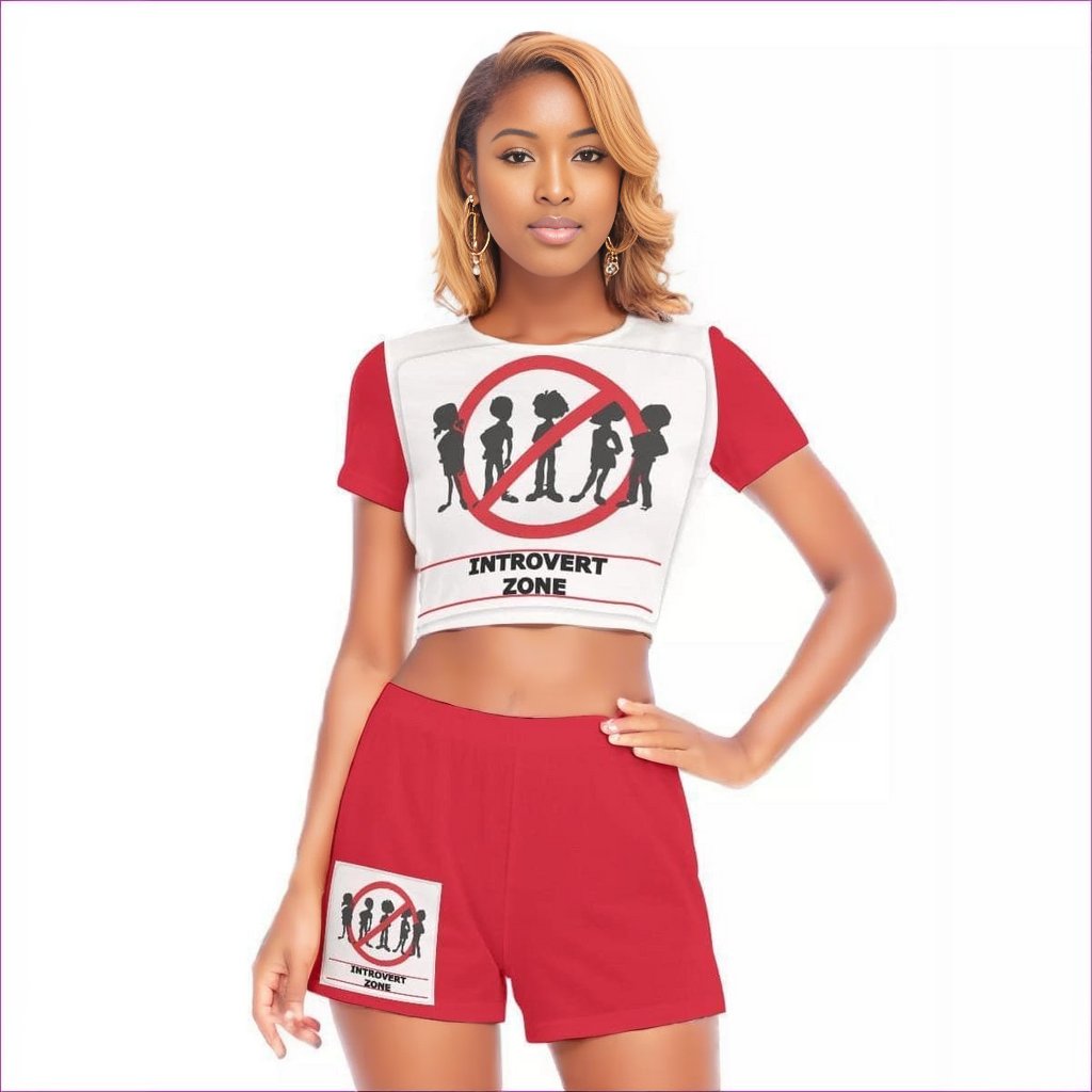 red - Introvert Zone Womens Short Sleeve Cropped Top Short Set - womens top & short set at TFC&H Co.