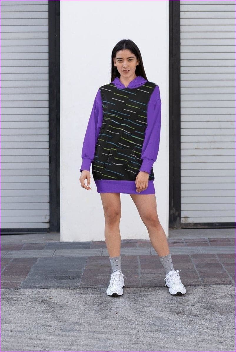 L purple black - Linear Long Fleece Hoodie Dress - womens dress at TFC&H Co.