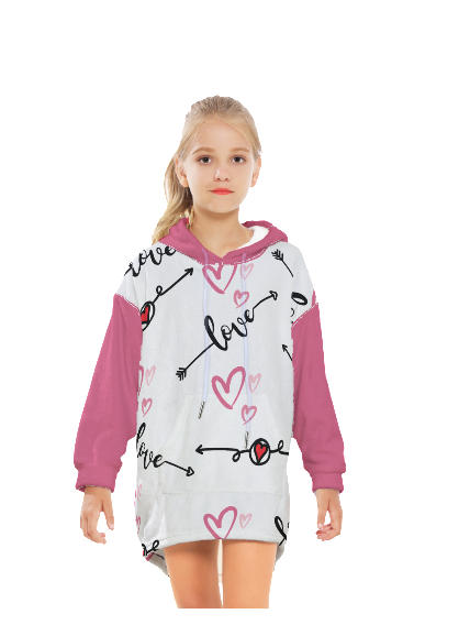 WHITE/PINK - Love in Motion Kid's Sherpa Fleece Blanket Hoodie With Pocket - kids hoodie blanket at TFC&H Co.