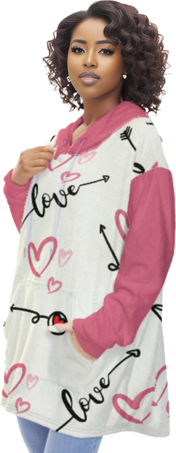 WHITE PINK - Love In Motion Women's Fleece Blanket Hoodie With Pocket - Womens Blanket Hoodie at TFC&H Co.
