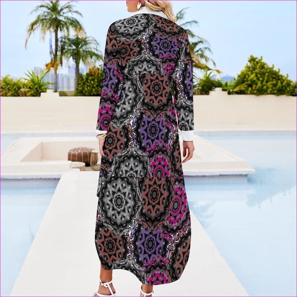 Mandala Graffiti Button Neck Long Sleeve Shirt Dress - women's shirt dress at TFC&H Co.