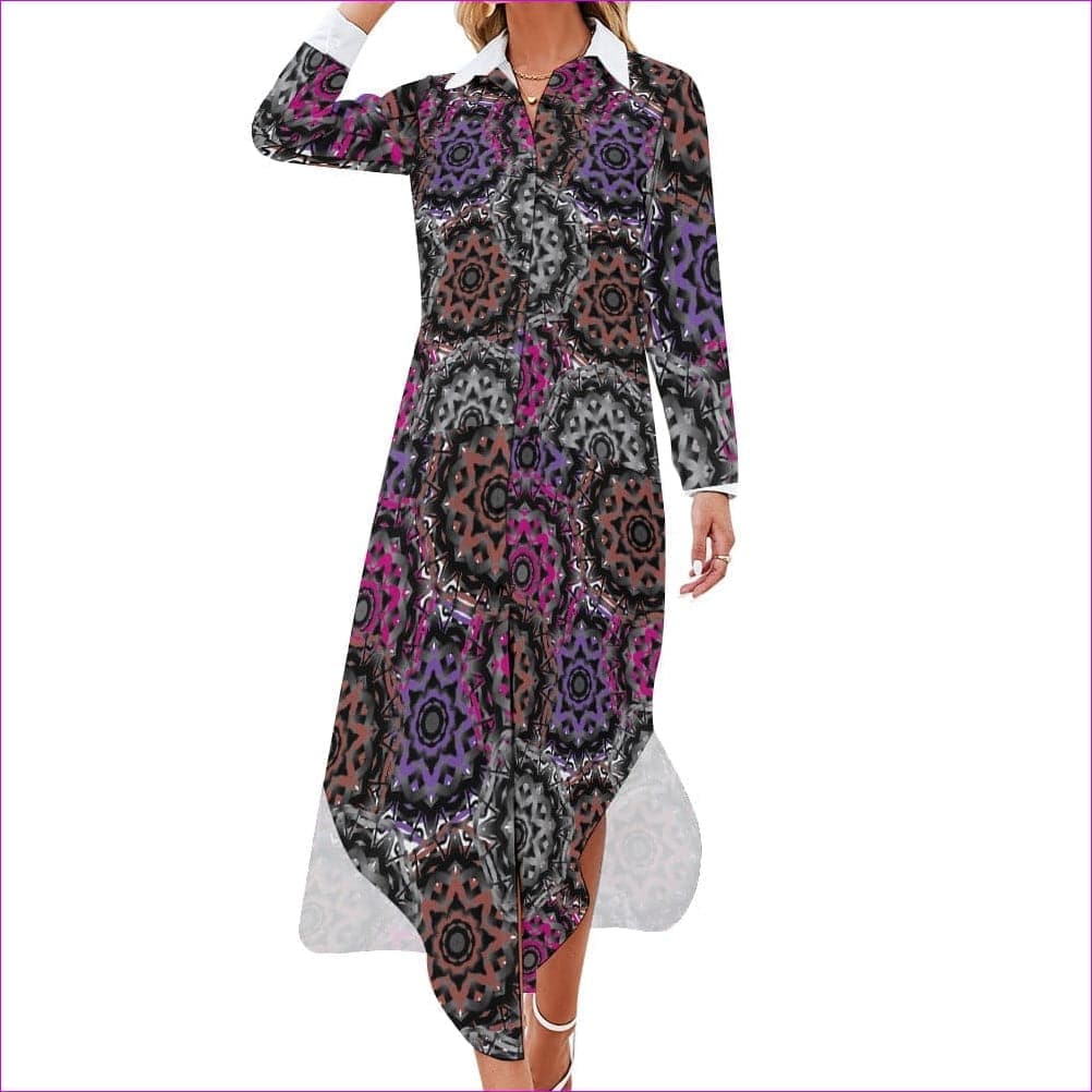 Mandala Graffiti Button Neck Long Sleeve Shirt Dress - women's shirt dress at TFC&H Co.