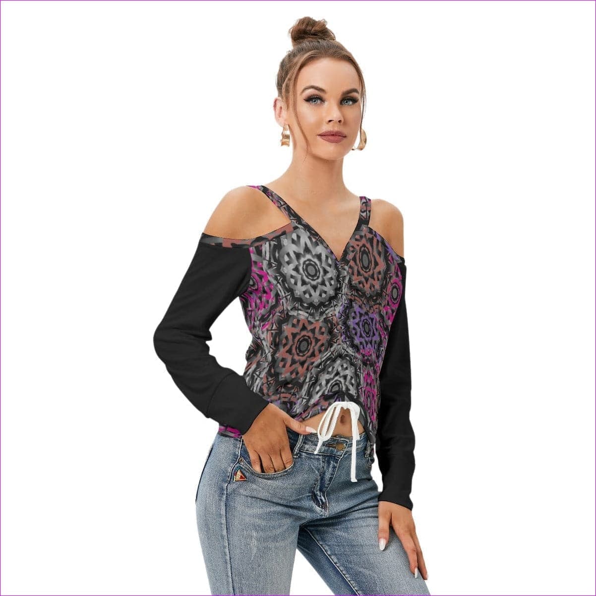 Black Mandala Graffiti Women’s V-neck Cold Shoulder Blouse With Long Sleeves - women's top at TFC&H Co.