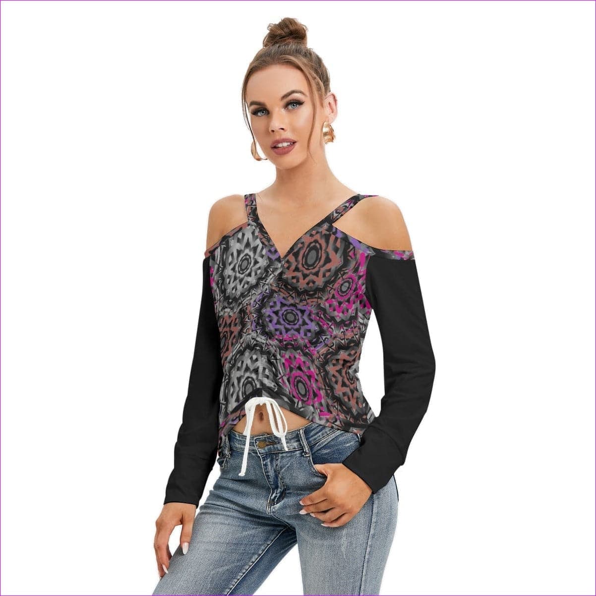 Mandala Graffiti Women’s V-neck Cold Shoulder Blouse With Long Sleeves - women's top at TFC&H Co.