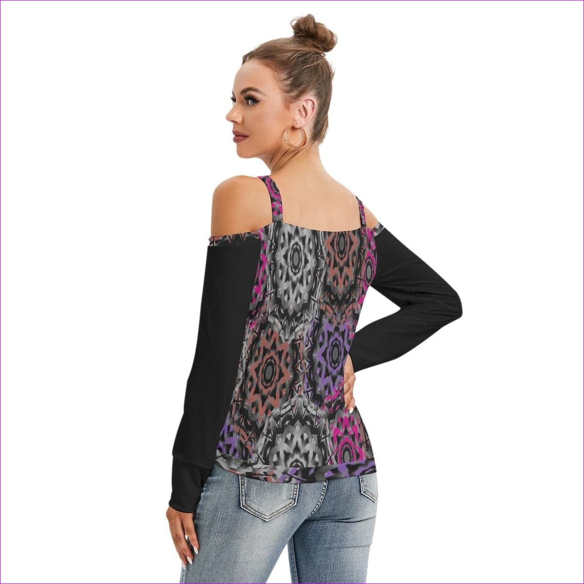 Mandala Graffiti Women’s V-neck Cold Shoulder Blouse With Long Sleeves - women's top at TFC&H Co.