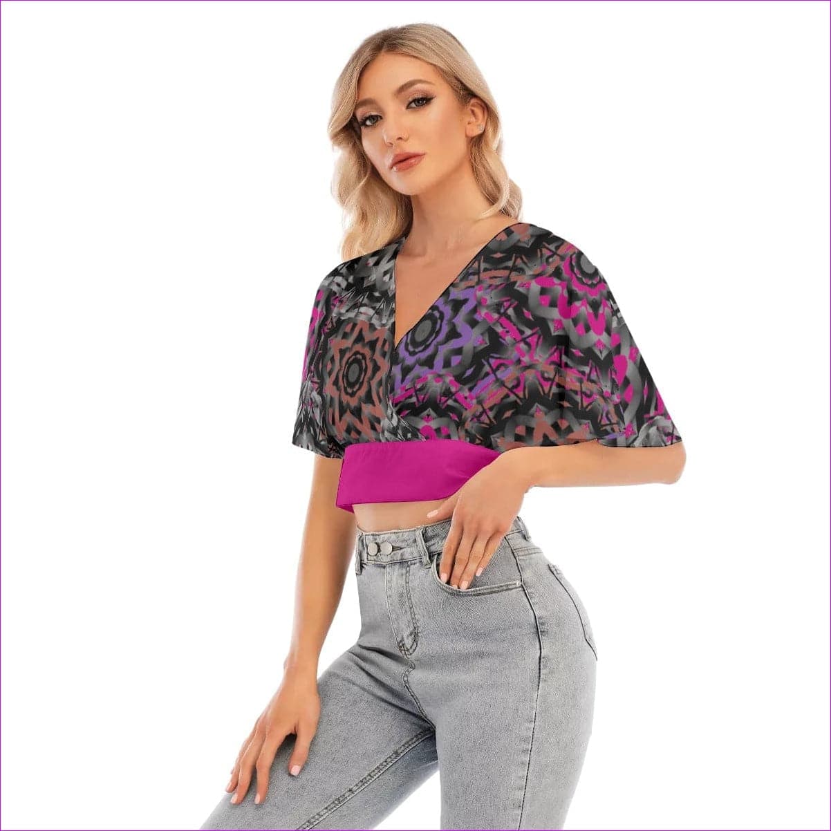 Black Mandala Graffiti Womens Bat Sleeve Crop Top - women's crop top at TFC&H Co.