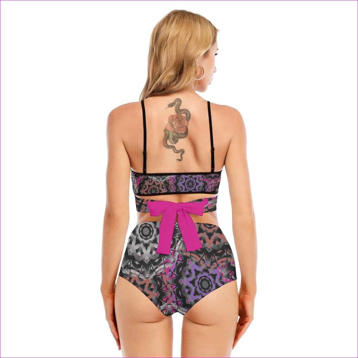 Black Mandala Graffiti Womens Bikini Swimsuit With Cross Straps - women's bikini set at TFC&H Co.