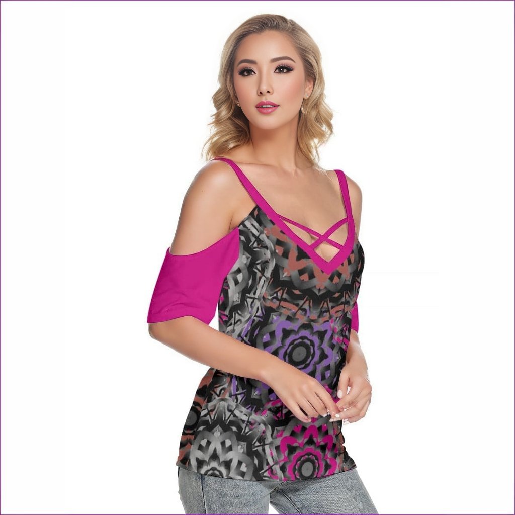 Pink Mandala Graffiti Womens Cold Shoulder Top With Criss Cross Straps - women's top at TFC&H Co.
