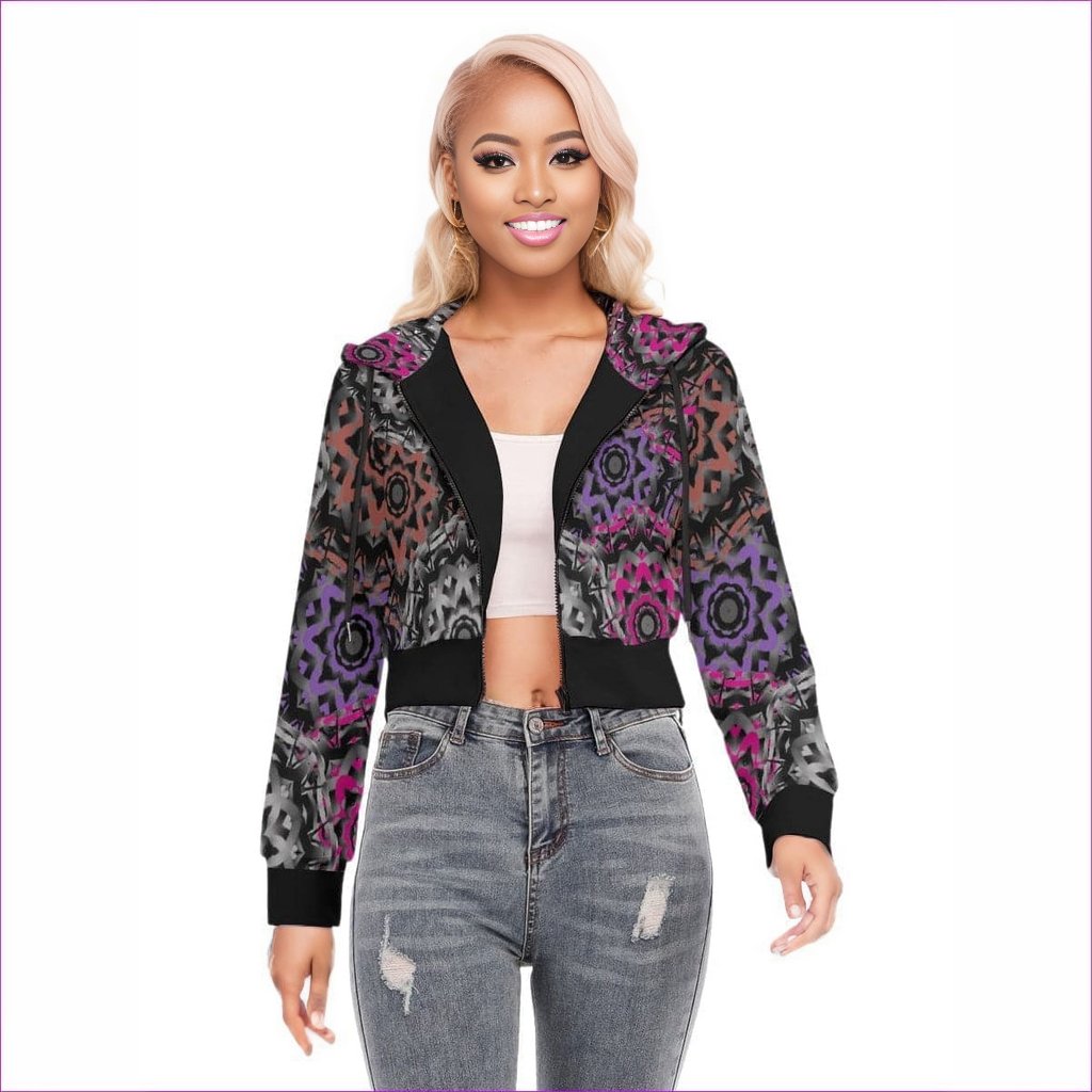 Black Mandala Graffiti Womens Crop Top Hoodie With Zipper Closure - women's cropped hoodie at TFC&H Co.