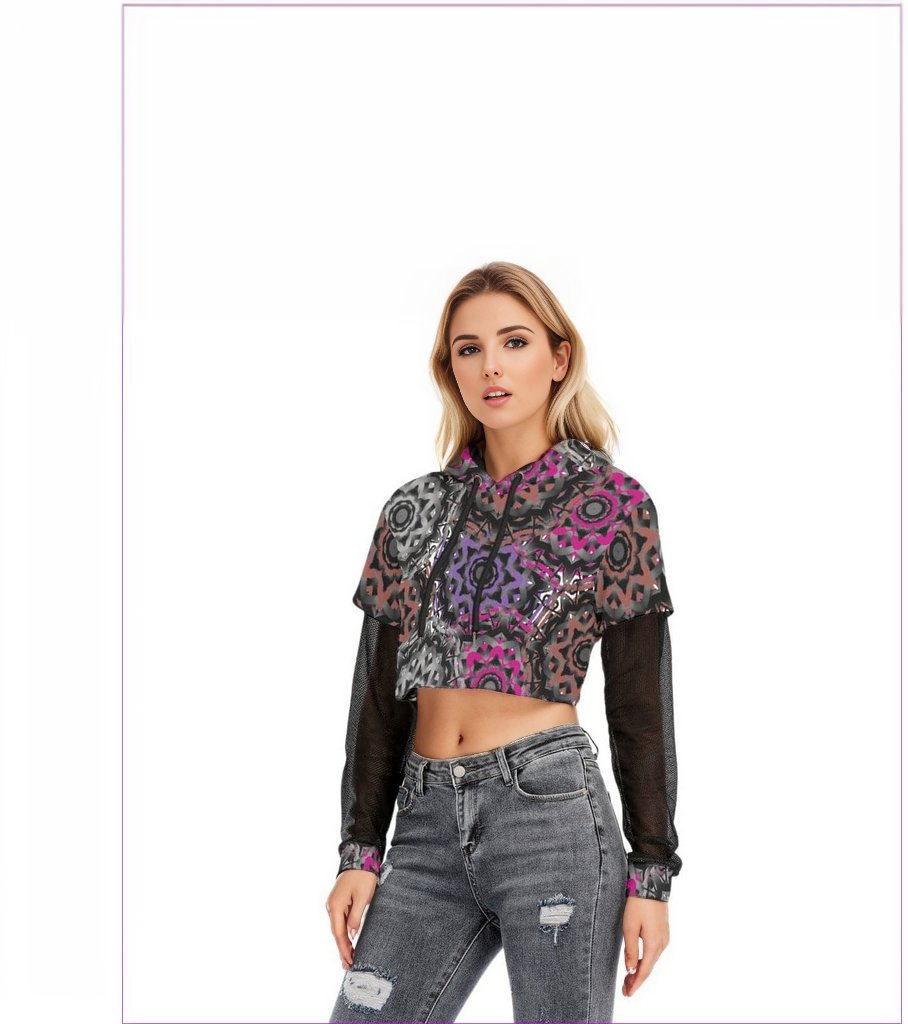 Mandala Graffiti Womens Faux Two-piece Mesh Sleeve Cropped Hoodie - women's cropped hoodie at TFC&H Co.
