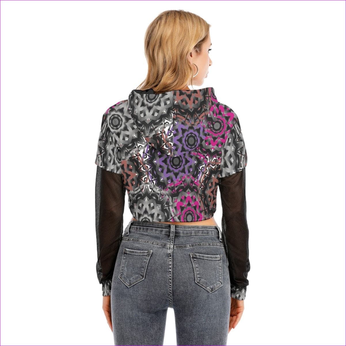 Mandala Graffiti Womens Faux Two-piece Mesh Sleeve Cropped Hoodie - women's cropped hoodie at TFC&H Co.