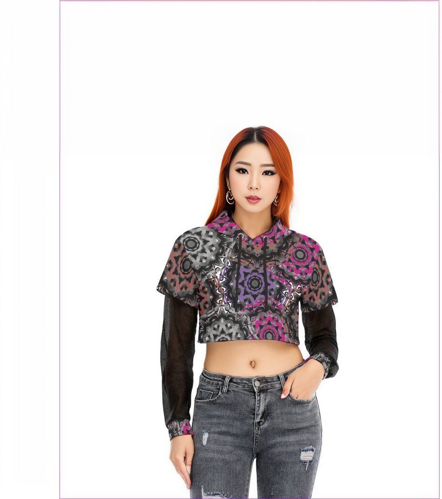 Black Mandala Graffiti Womens Faux Two-piece Mesh Sleeve Cropped Hoodie - women's cropped hoodie at TFC&H Co.