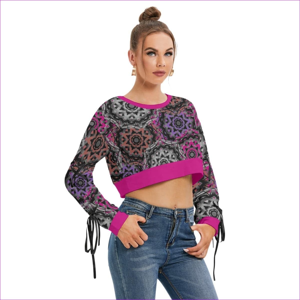 Black Mandala Graffiti Womens Long Lace Up Sleeve Cropped Sweatshirt - women's sweatshirt at TFC&H Co.