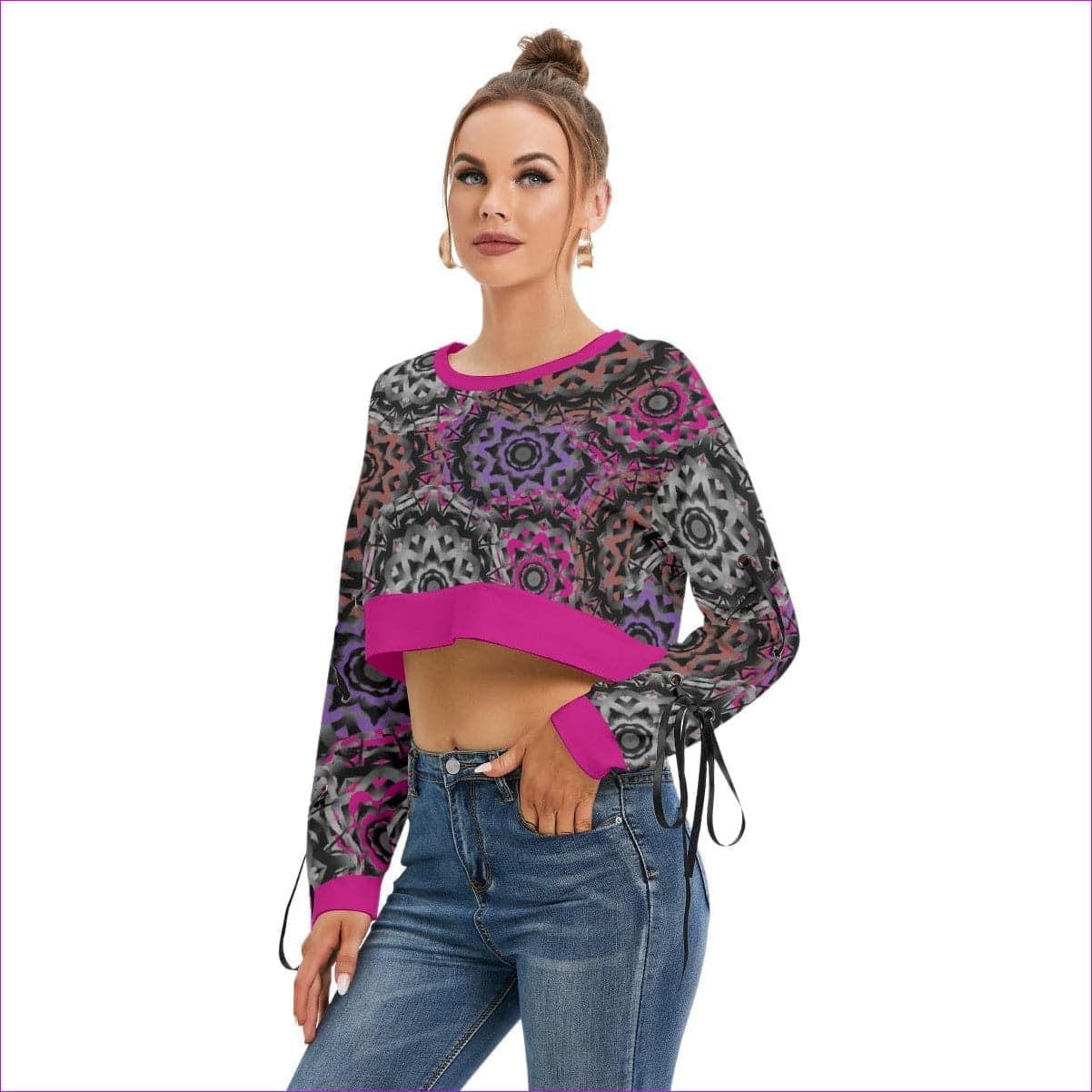 Mandala Graffiti Womens Long Lace Up Sleeve Cropped Sweatshirt - women's sweatshirt at TFC&H Co.