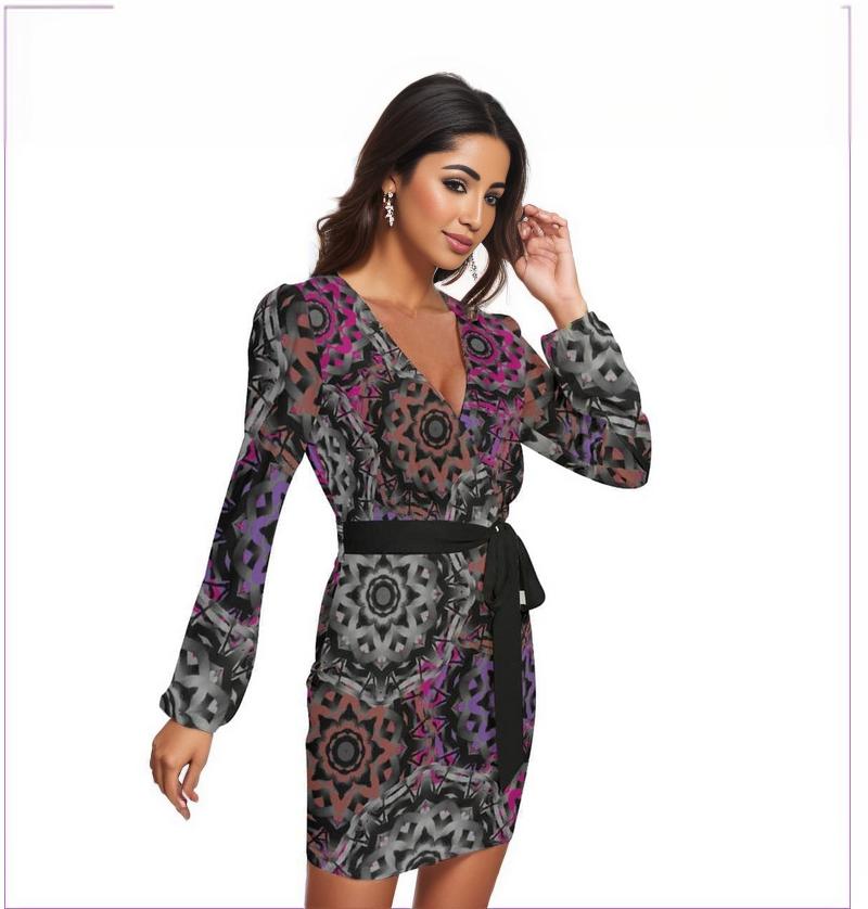 Mandala Graffiti Womens Long Sleeve Dress With Waist Belt - women's dress at TFC&H Co.