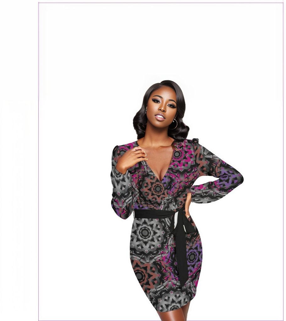 Black Mandala Graffiti Womens Long Sleeve Dress With Waist Belt - women's dress at TFC&H Co.
