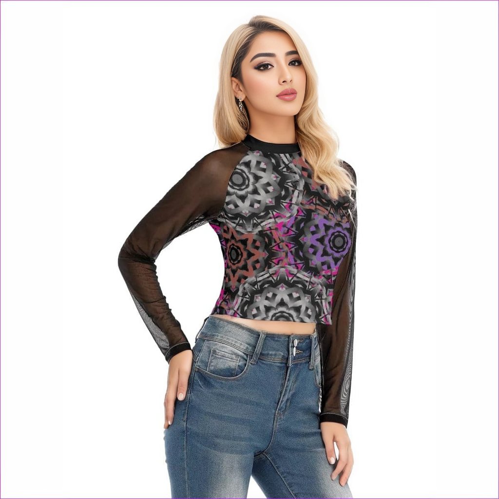 Black Mandala Graffiti Womens Raglan Sheer Long Sleeve Top - women's sheer mesh top at TFC&H Co.