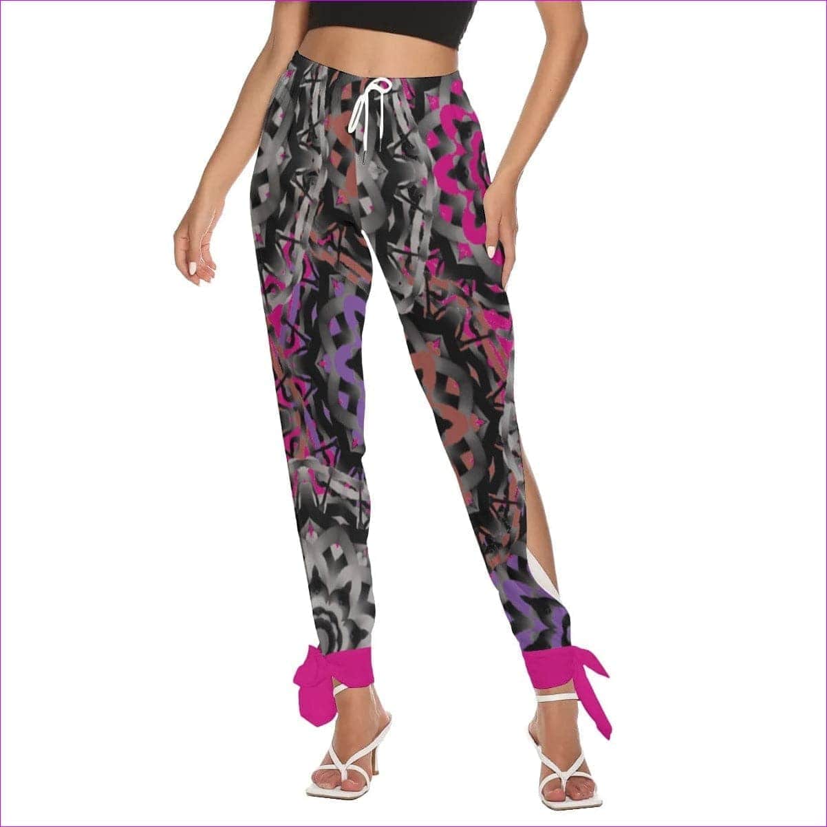 Black Mandala Graffiti Womens Side Seam Cutout Pants With Bottom Strap - women's pants at TFC&H Co.