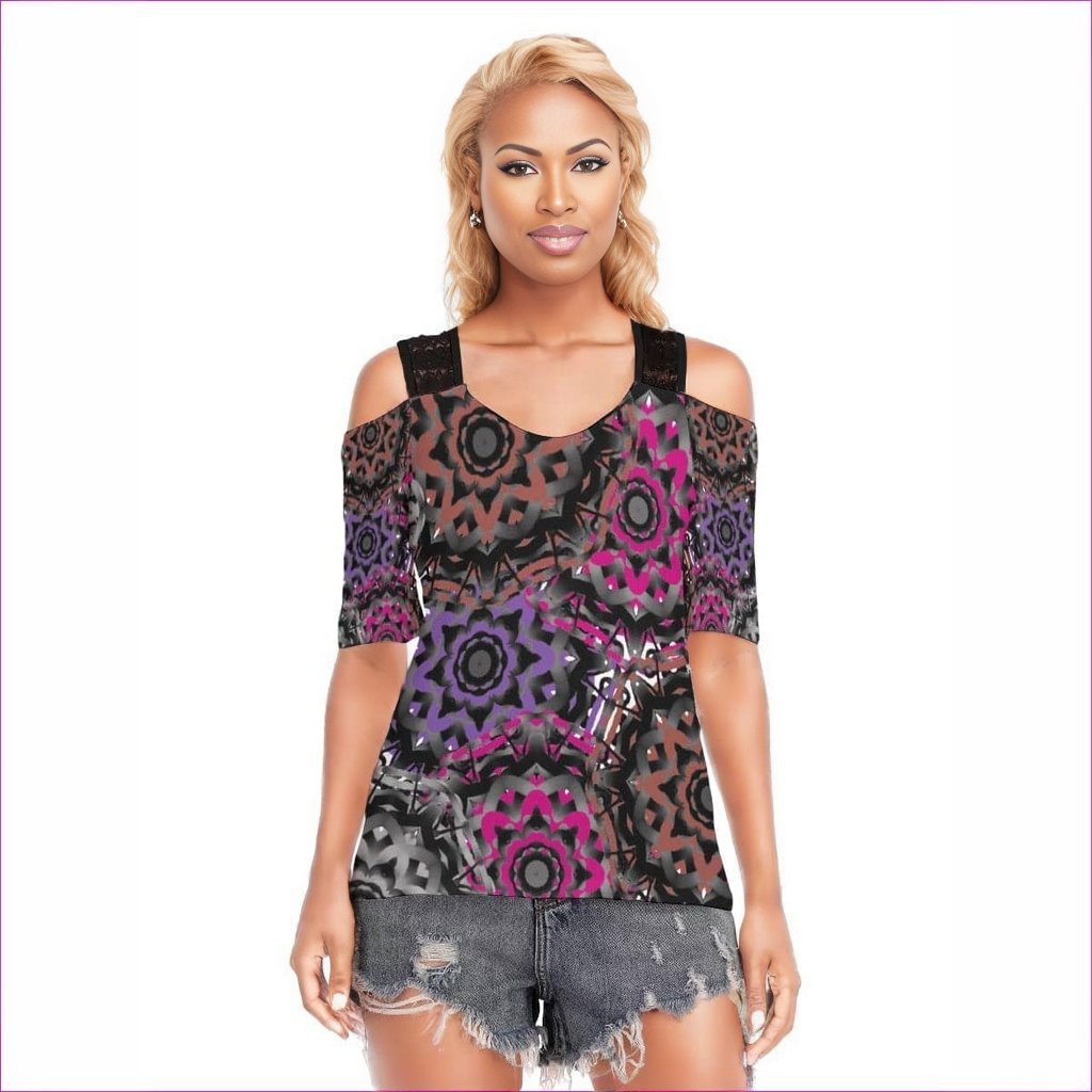 Black Mandala Graffiti Womens T-shirt With Black Lace Shoulder Strap - women's top at TFC&H Co.