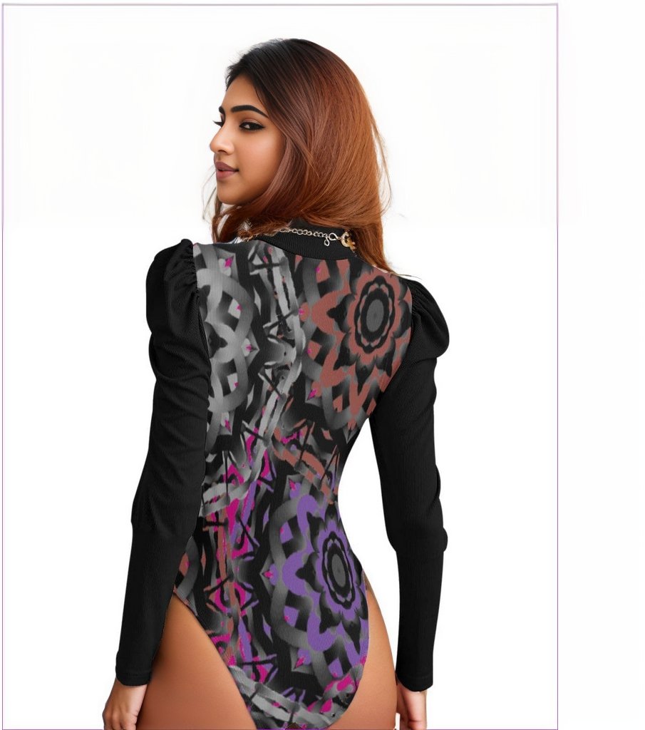 Mandala Graffiti Womens Turtleneck Bodysuit With Puff Sleeve - women's bodysuit at TFC&H Co.