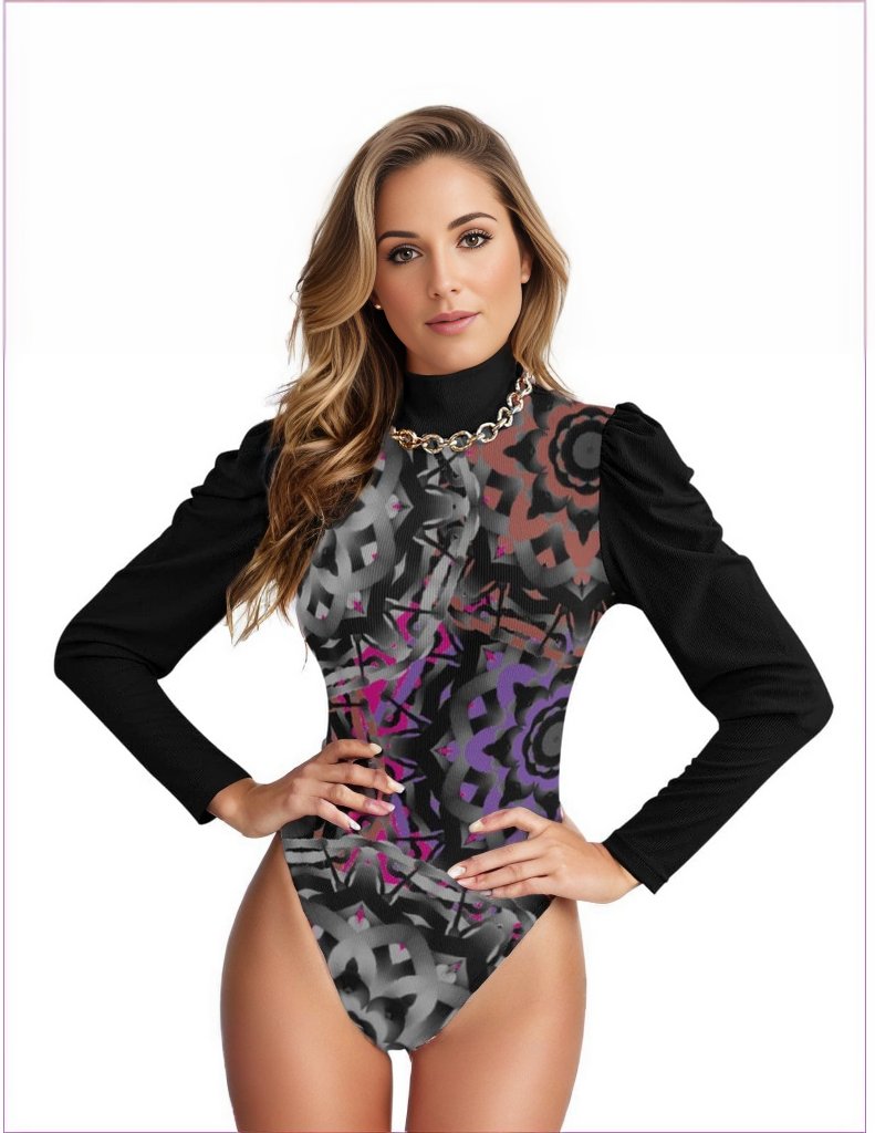 Black Mandala Graffiti Womens Turtleneck Bodysuit With Puff Sleeve - women's bodysuit at TFC&H Co.