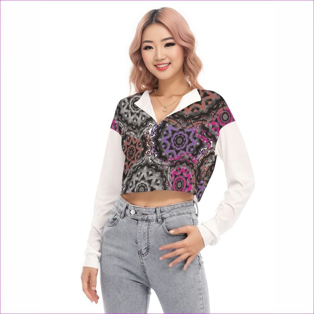 Mandala Graffiti Womens V-neck Lapel Long Sleeve Cropped Blouse - women's cropped top at TFC&H Co.