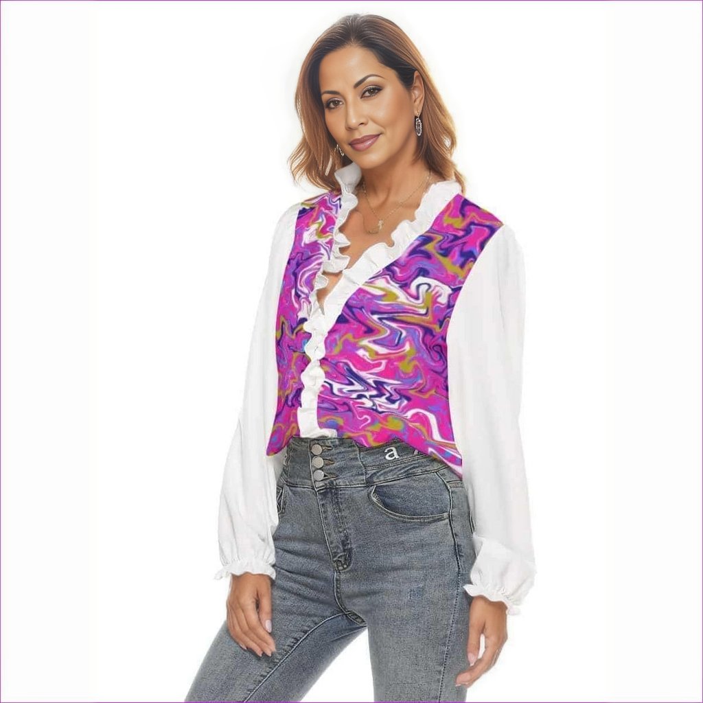 Marbled Pixie Womens Pleated Collar V-neck Blouse - White - women's blouse at TFC&H Co.