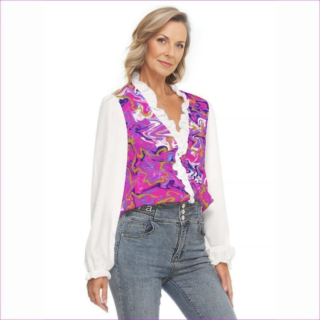 Marbled Pixie Womens Pleated Collar V-neck Blouse - White - women's blouse at TFC&H Co.