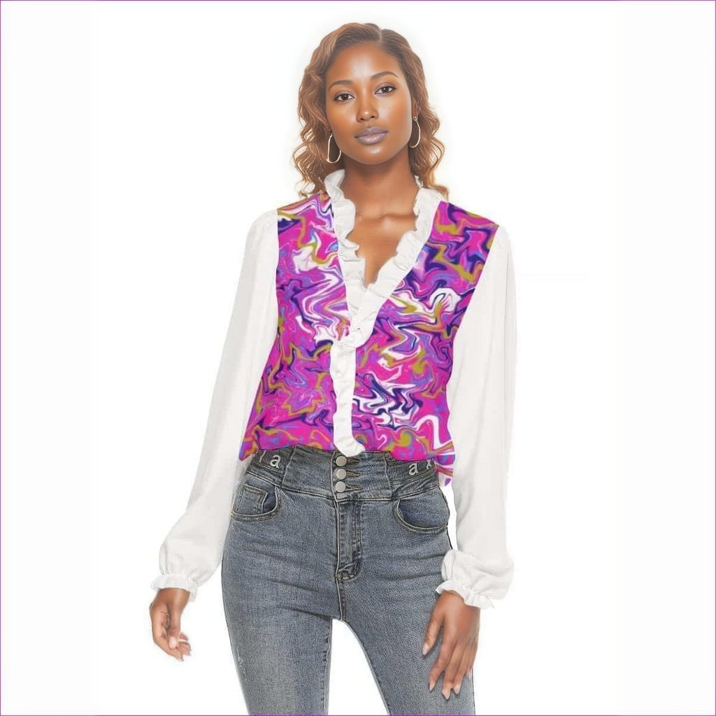 pink Marbled Pixie Womens Pleated Collar V-neck Blouse - White - women's blouse at TFC&H Co.