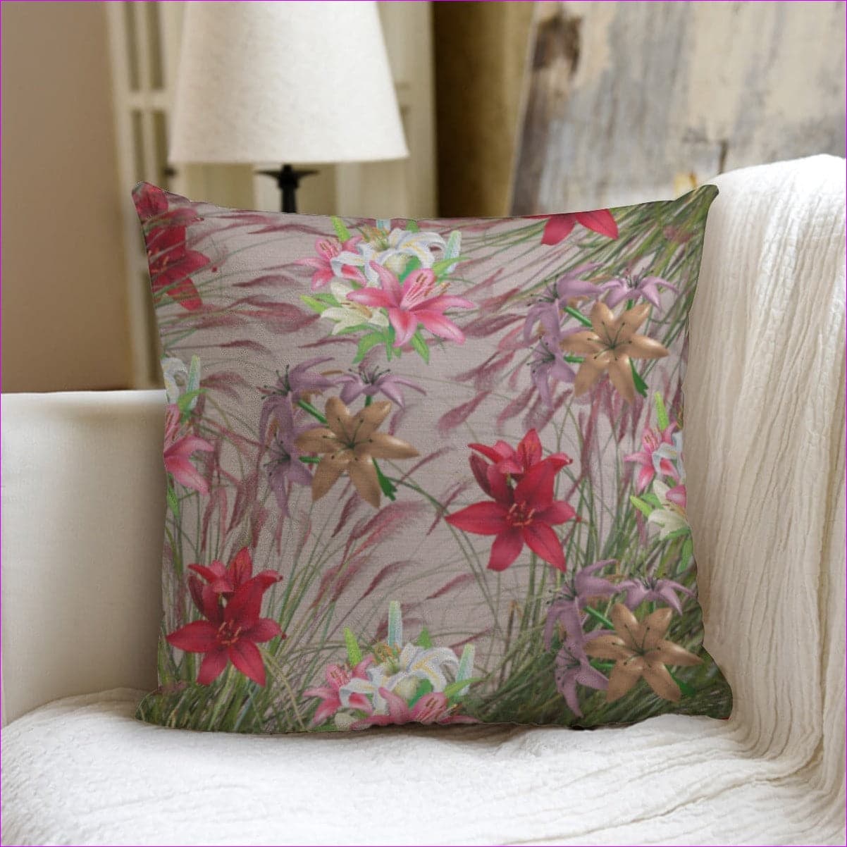 Mauve - Mauve Gold Floral Flip Couch Pillow with Pillow Inserts - couch pillow at TFC&H Co.