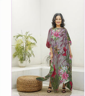 - Mauve Gold Floral Womens Imitation Silk V-neck Kaftan Robe - womens robe at TFC&H Co.