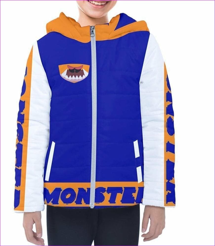 Monster -white orange - 👹 Monster Kids Kids Hooded Puffer Jacket - kids coat at TFC&H Co.