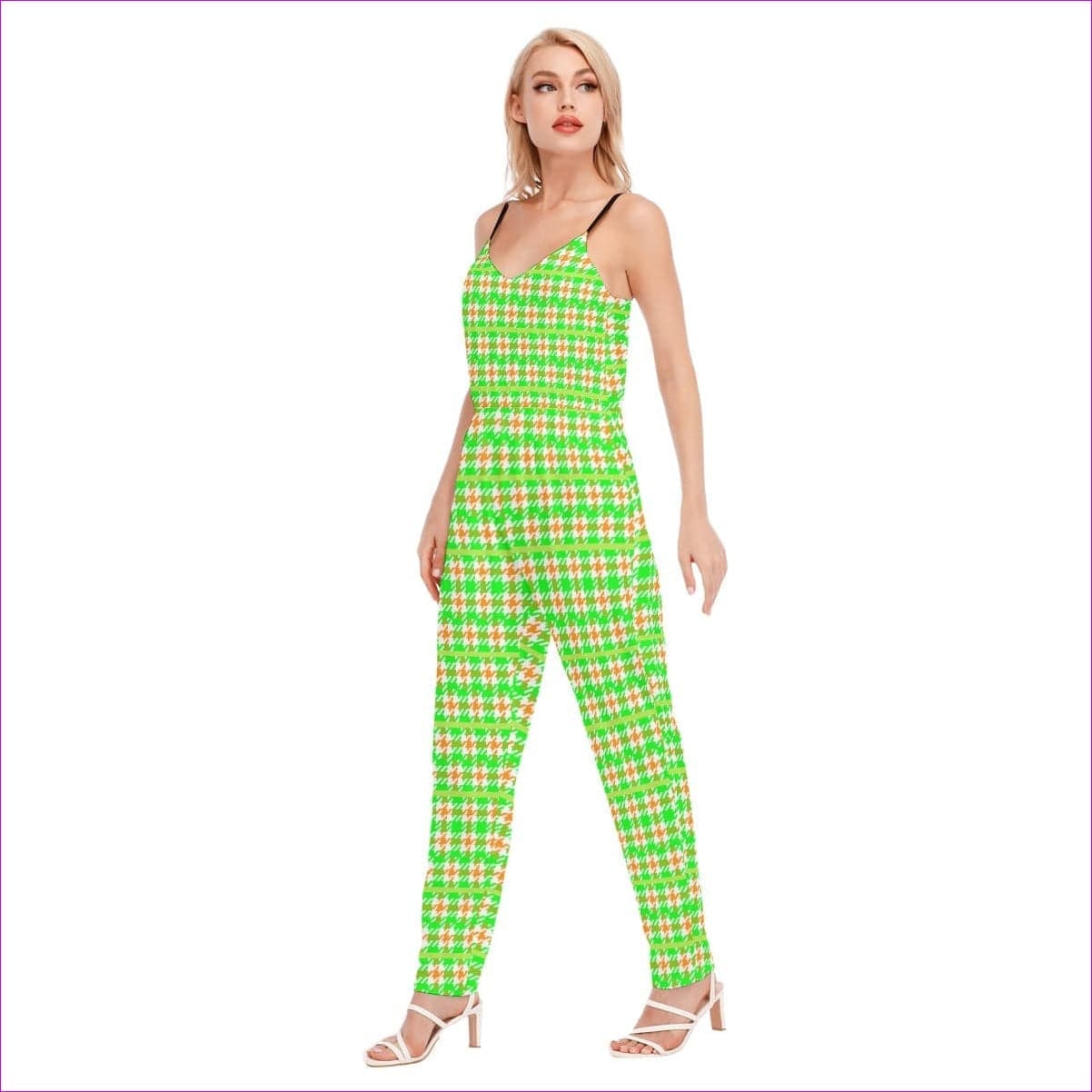 Neon Houndstooth Womens V-neck Cami Jumpsuit - women's jumpsuit at TFC&H Co.