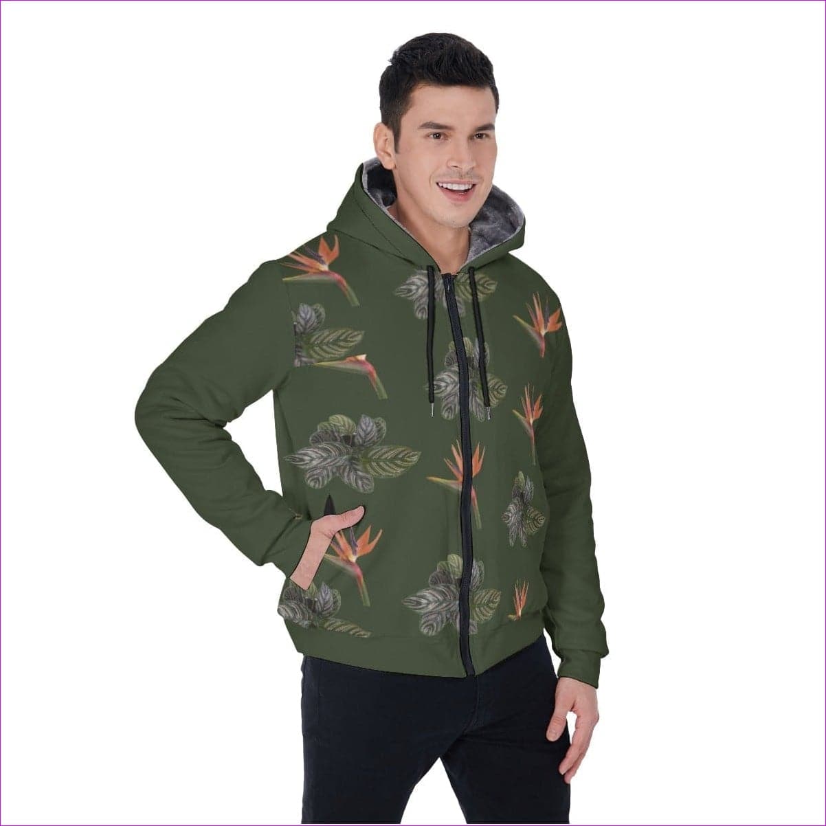 army green Paradise Men's Sherpa Fleece Zip Up Hoodie - men's sherpa hoodie at TFC&H Co.