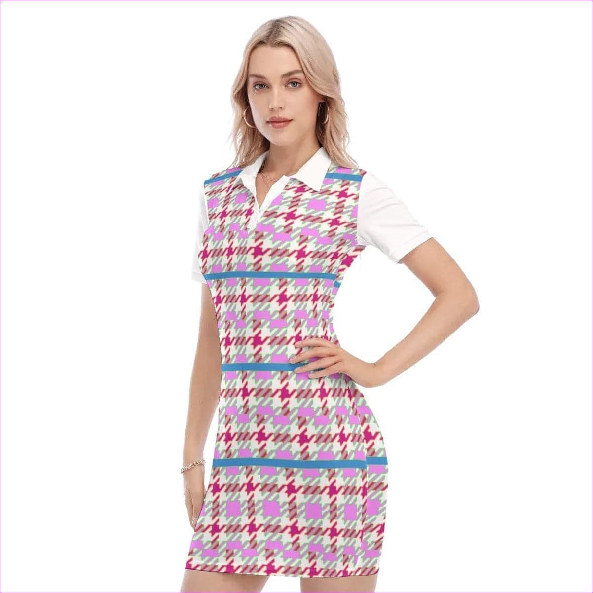 Pink Houndstooth Womens Polo Collar Dress - women's dress at TFC&H Co.